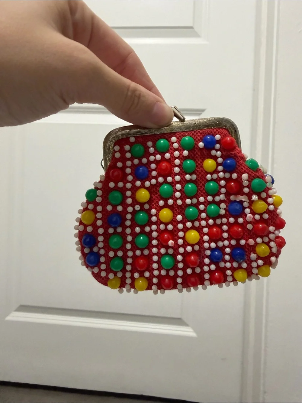 Beaded Red Retro Coin Purse with Multicolor Embellishments